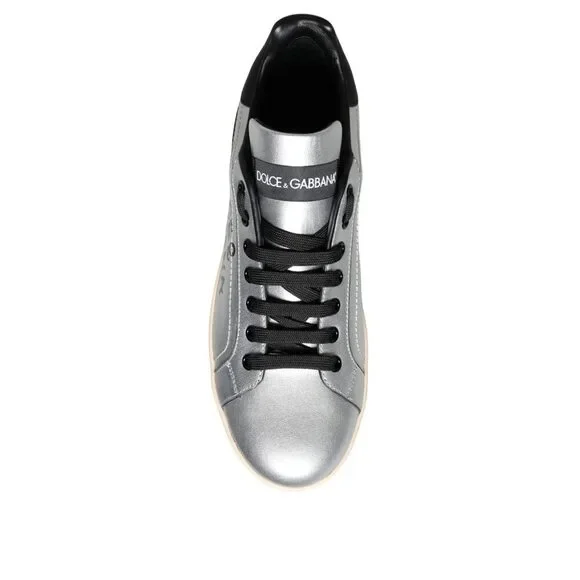 Dolce & Gabbana Silver Portofino Calf Leather Sneakers Shoes